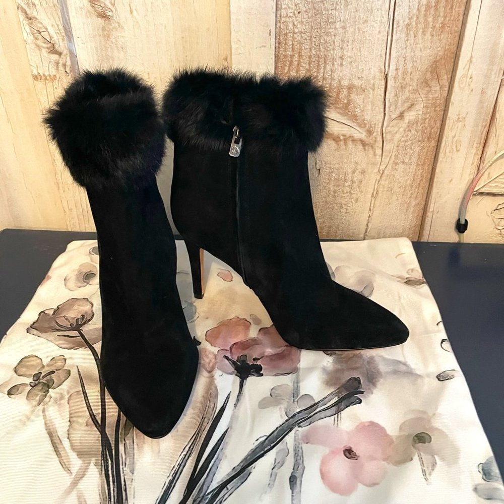 Antonio Melani Suede Ankle Boot with Fur Top Black 4' heel Size Womens 9 NEW
